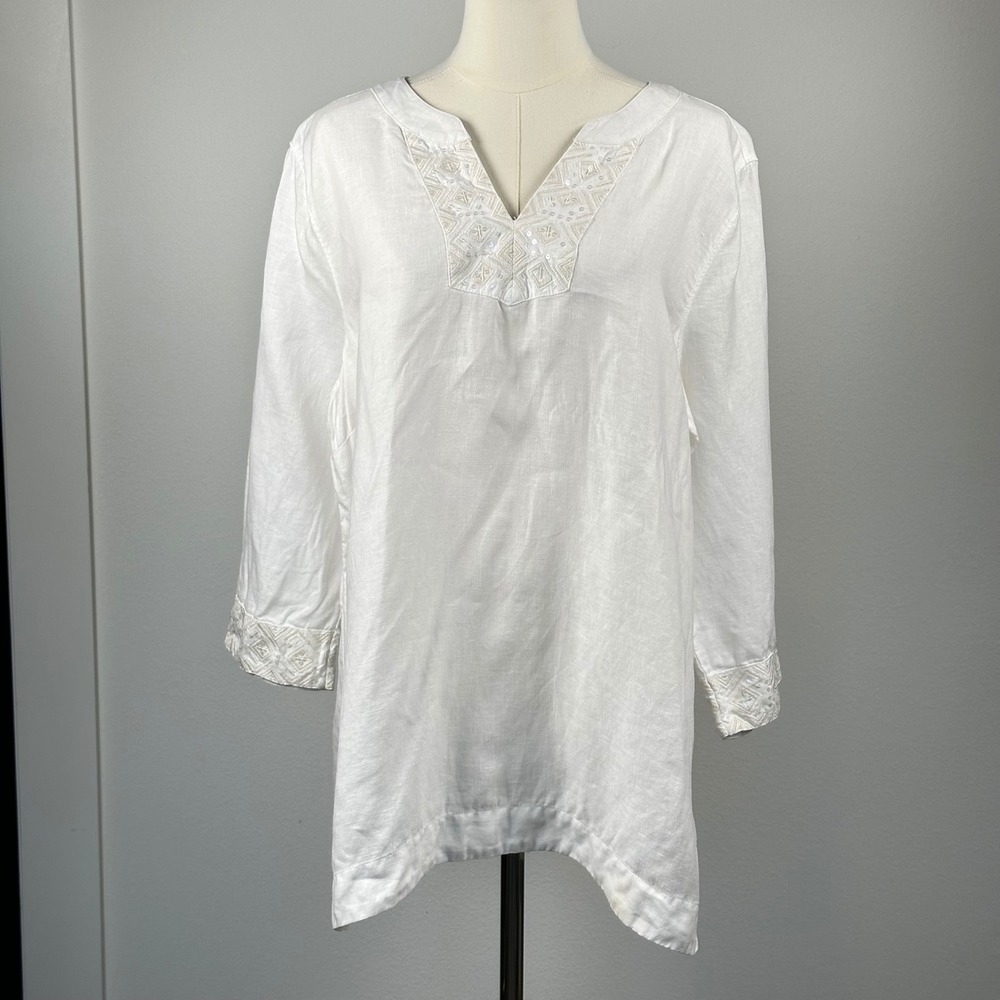 Tommy Bahama Womens Tunic Sunset Chambray Embroidered Linen White L Coastal